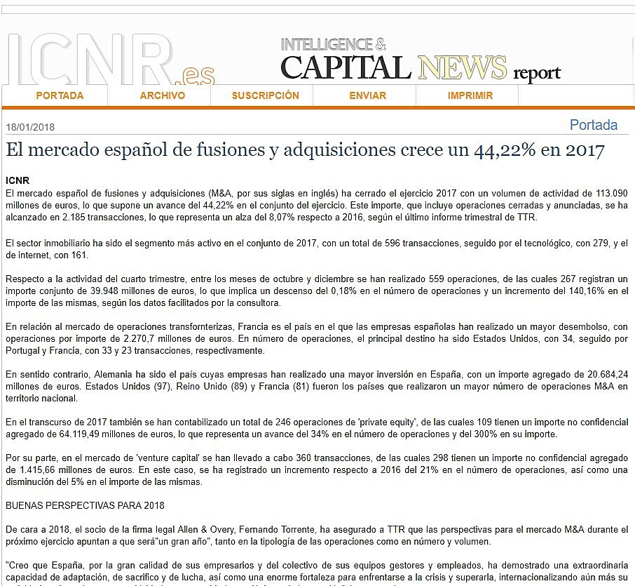 El mercado espaol de fusiones y adquisiciones crece un 44,22% en 2017